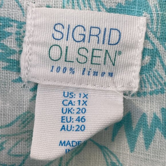 Sigrid Olsen Womens Plus 1X 100% Linen Side Button Top Floral Turquoise White - Picture 4 of 11